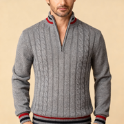 Men's Varsity Trim Cable Knit Quarter Zip Sweater, Stand Collar Pullover