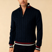 Men's Varsity Trim Cable Knit Quarter Zip Sweater, Stand Collar Pullover