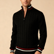 Men's Varsity Trim Cable Knit Quarter Zip Sweater, Stand Collar Pullover