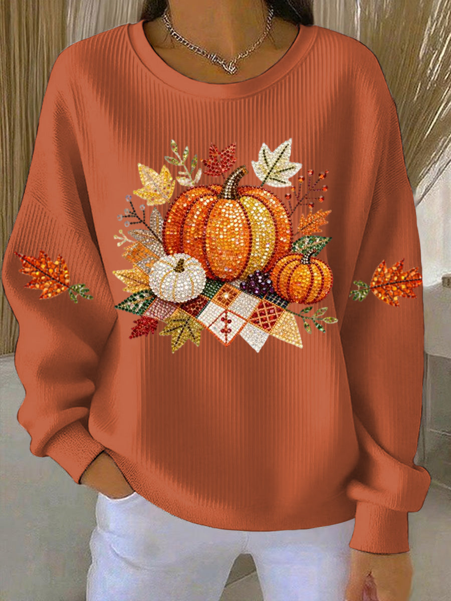 Women's Pumpkin Print Ribbed Sweatshirt, Oversized Crewneck Fall Pullover — view 1