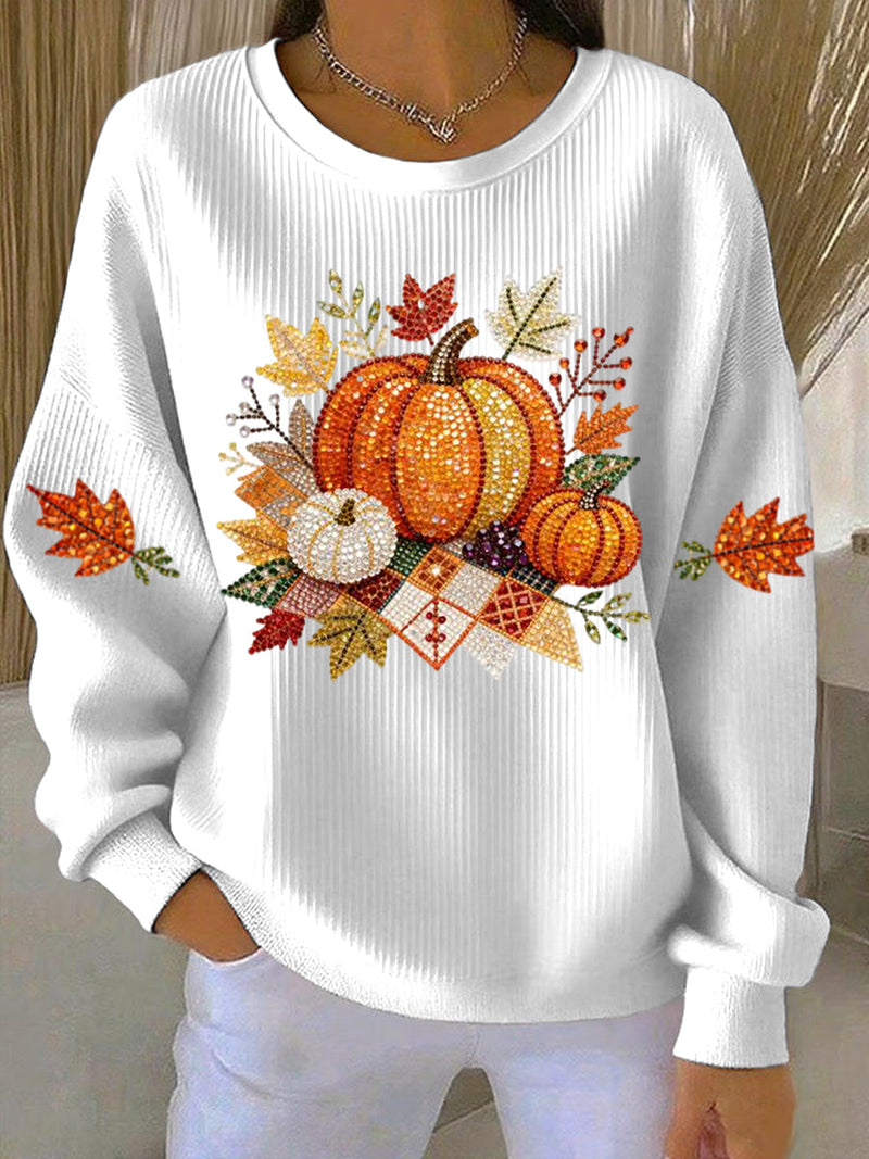 Women's Oversized Pumpkin Print Ribbed Sweatshirt with Crewneck and Dropped Shoulders