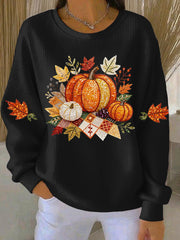 Women's Pumpkin Print Ribbed Sweatshirt, Oversized Crewneck Fall Pullover
