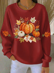 Women's Pumpkin Print Ribbed Sweatshirt, Oversized Crewneck Fall Pullover