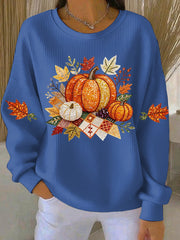 Women's Pumpkin Print Ribbed Sweatshirt, Oversized Crewneck Fall Pullover