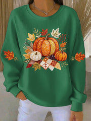 Women's Pumpkin Print Ribbed Sweatshirt, Oversized Crewneck Fall Pullover