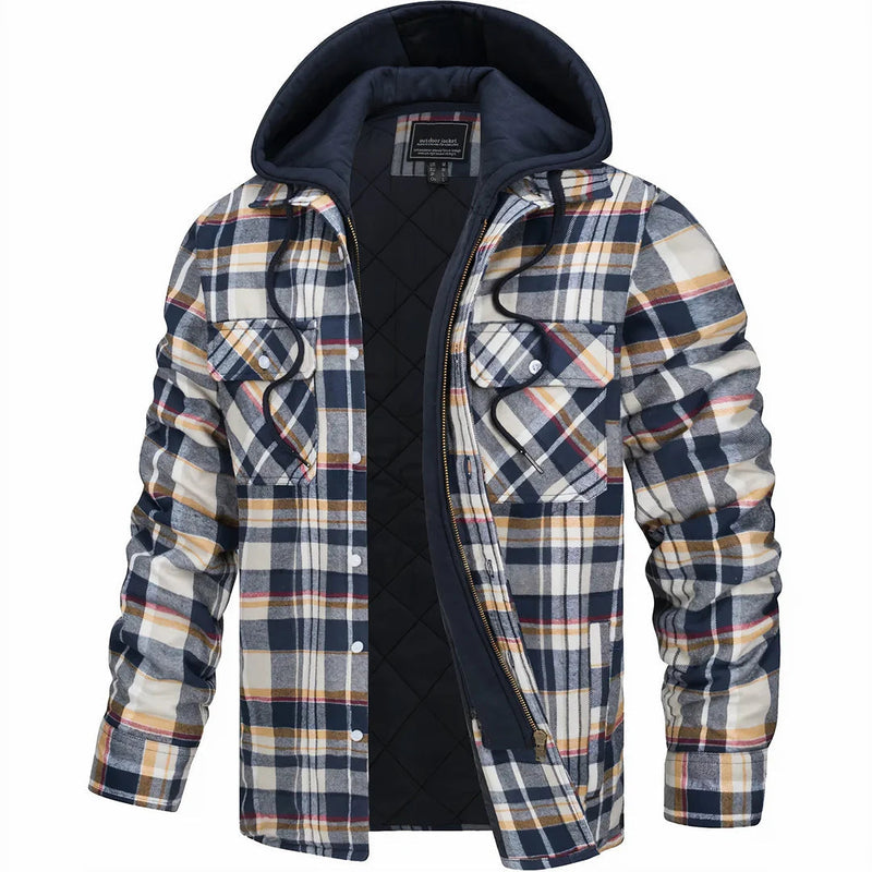 Men's Plaid Flannel Hooded Shirt Jacket with Quilted Lining and Snap Pockets