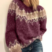 Women's Brushed Fair Isle Knit Sweater, Oversized Crewneck Winter Pullover