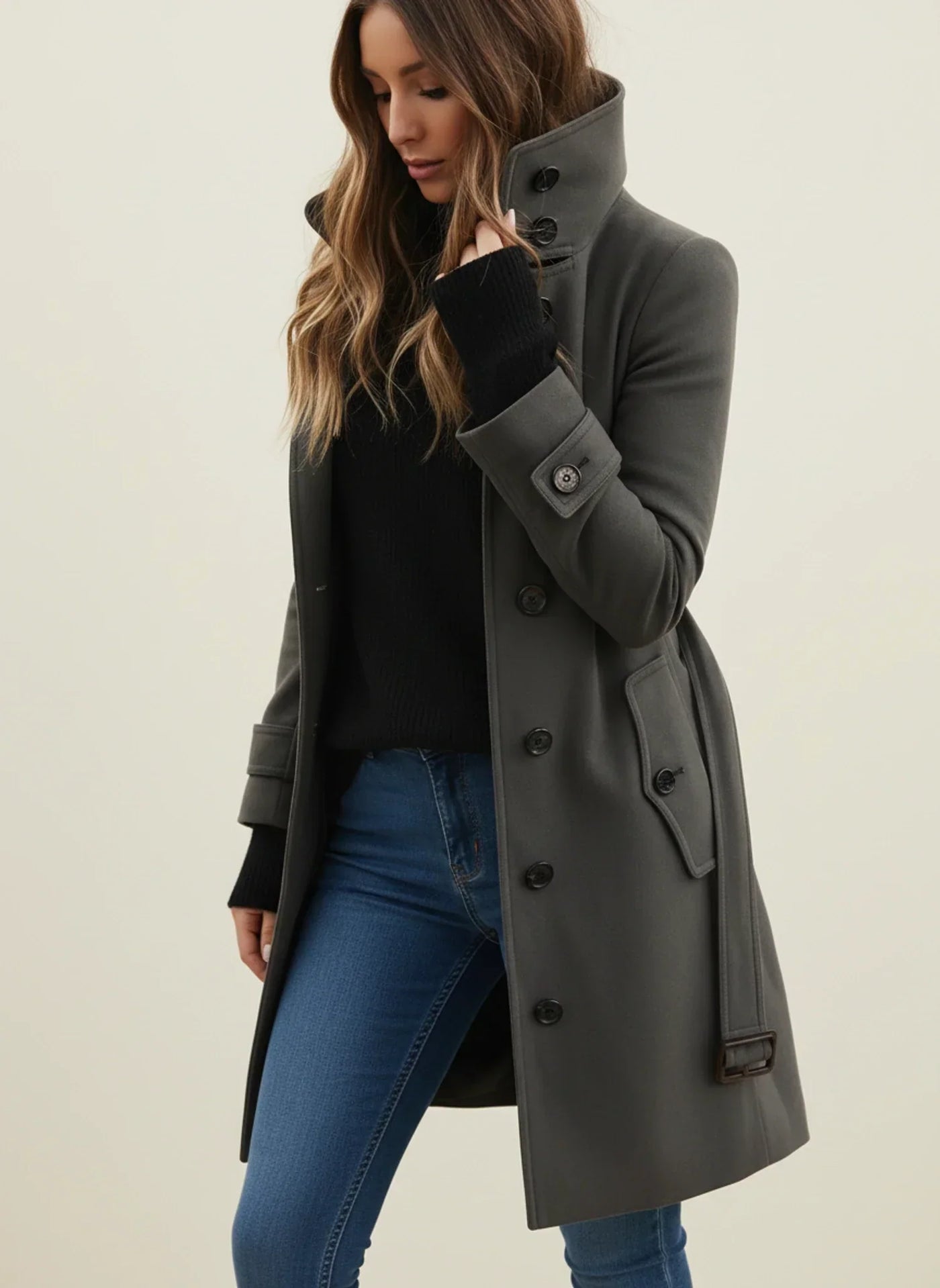 Women's Belted Longline Coat, Button Front Stand Collar Winter Coat — view 1