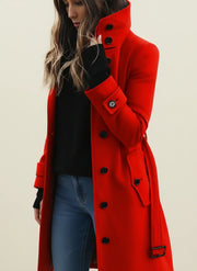 Women's Belted Longline Coat, Button Front Stand Collar Winter Coat