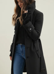 Women's Belted Longline Coat, Button Front Stand Collar Winter Coat