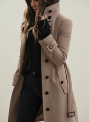 Women's Belted Longline Coat, Button Front Stand Collar Winter Coat