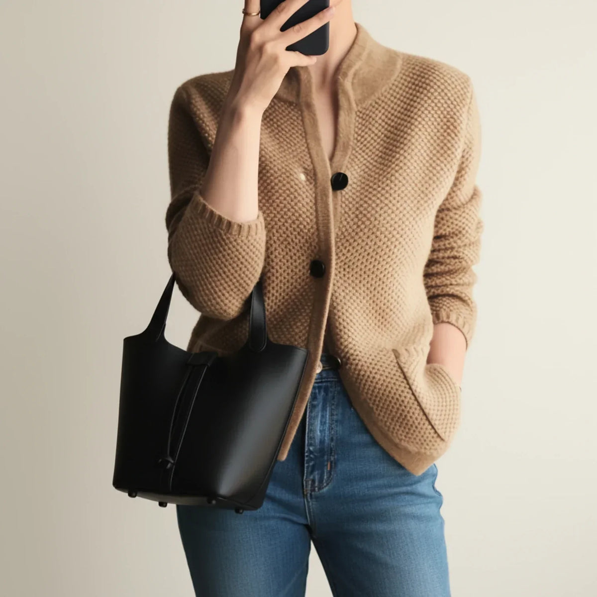 Women's Textured Knit Cardigan, Stand Collar Button Front Winter Sweater — view 1