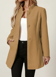 Women's Longline Stand Collar Coat, Brushed Button Front Winter Coat