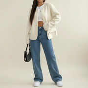 Women's Boiled Knit Collarless Blazer, Button Front Tailored Jacket
