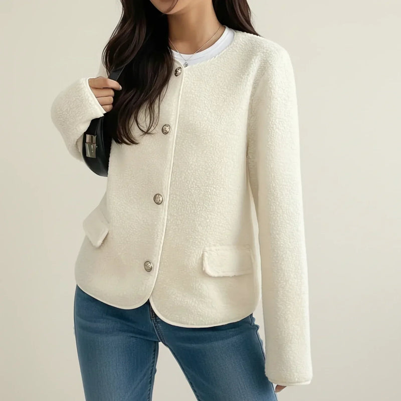 Women's Textured Knit Collarless Blazer with Button Front and Flap Pockets