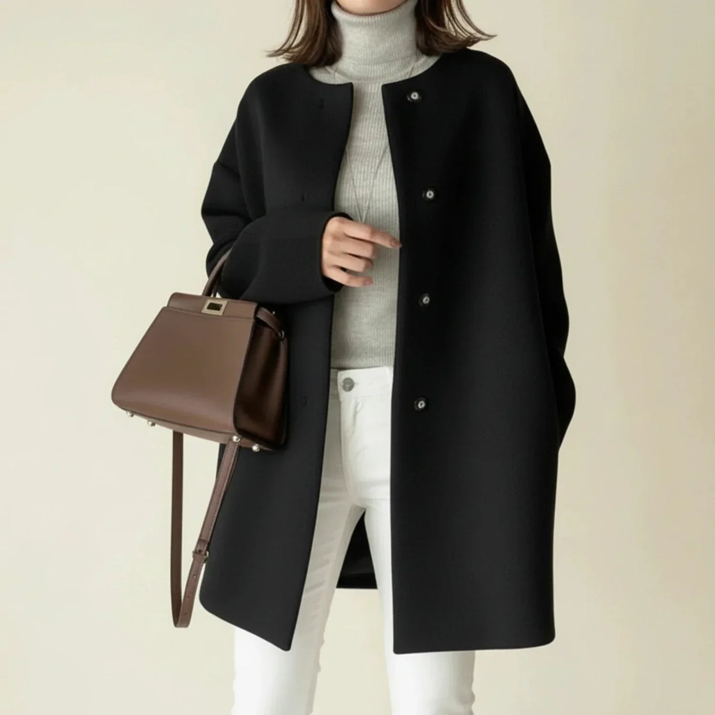 Women's Longline Collarless Coat, Soft Brushed Winter Coat — view 1