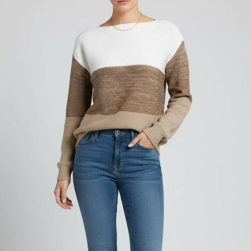 Women's Color Block Ribbed Sweater with Boat Neck and Hip Length Fit