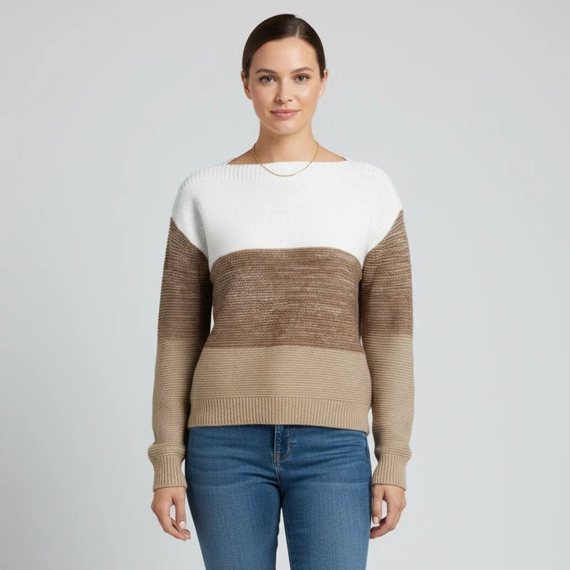 Women's Color Block Ribbed Sweater with Boat Neck and Hip Length Fit