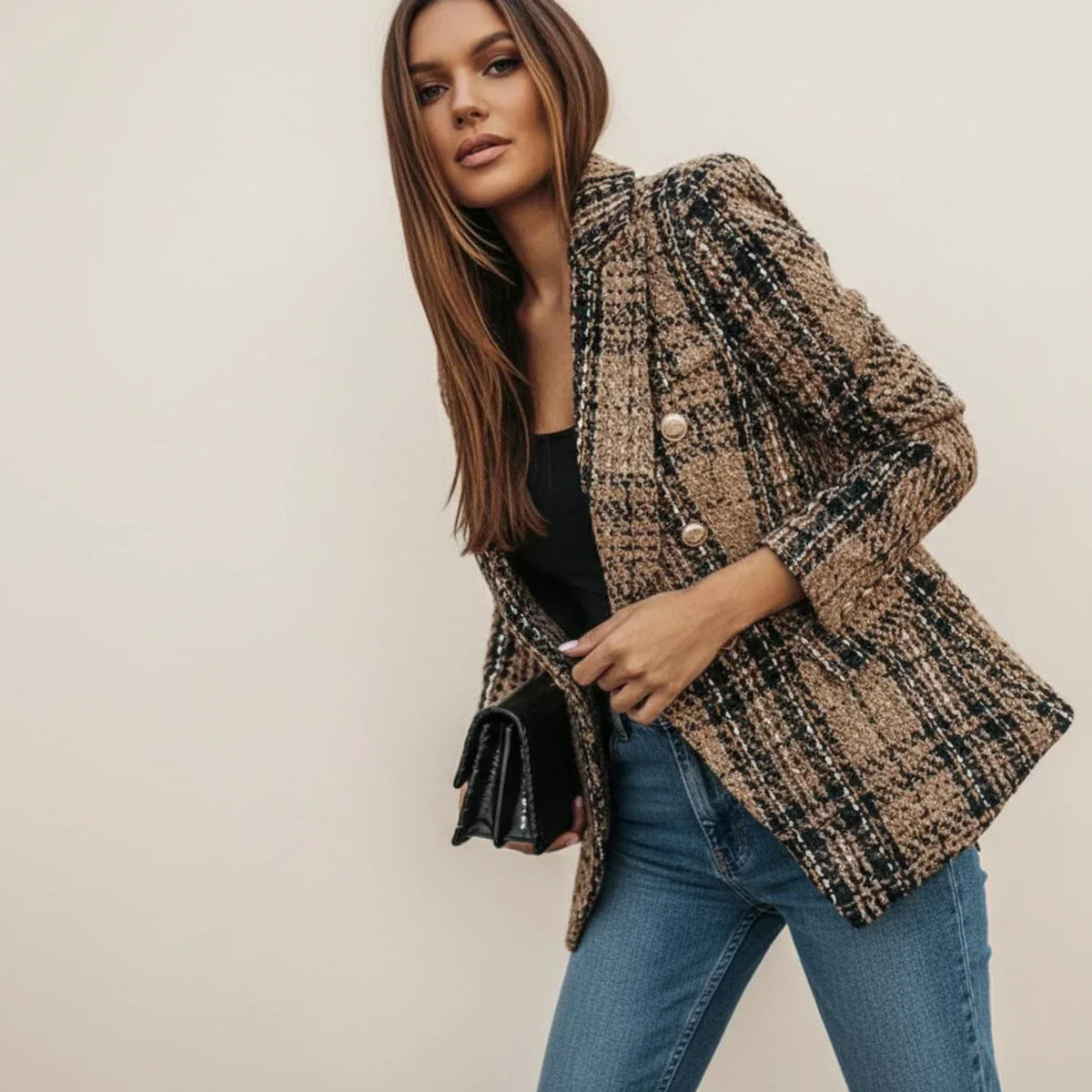 Women's Tweed Double Breasted Blazer, Plaid Check Tailored Jacket — view 1