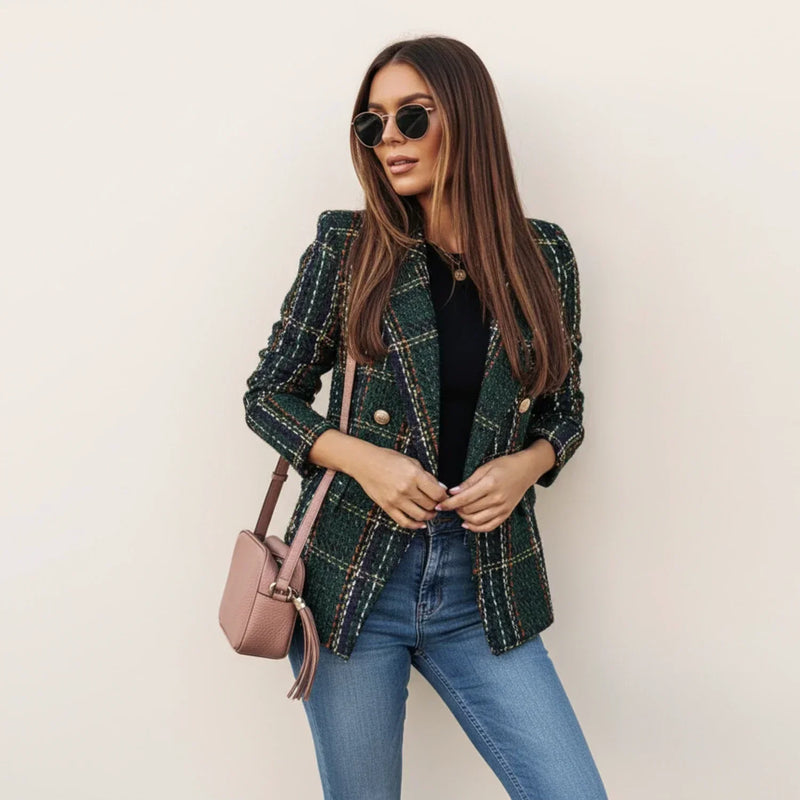 Women's Tweed Double Breasted Blazer, Plaid Check Tailored Jacket