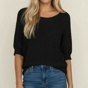 Women's Textured Knit Sweater, Boat Neck Elbow Sleeve Pullover