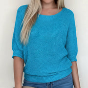 Women's Textured Knit Sweater, Boat Neck Elbow Sleeve Pullover
