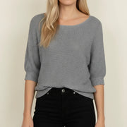 Women's Textured Knit Sweater, Boat Neck Elbow Sleeve Pullover