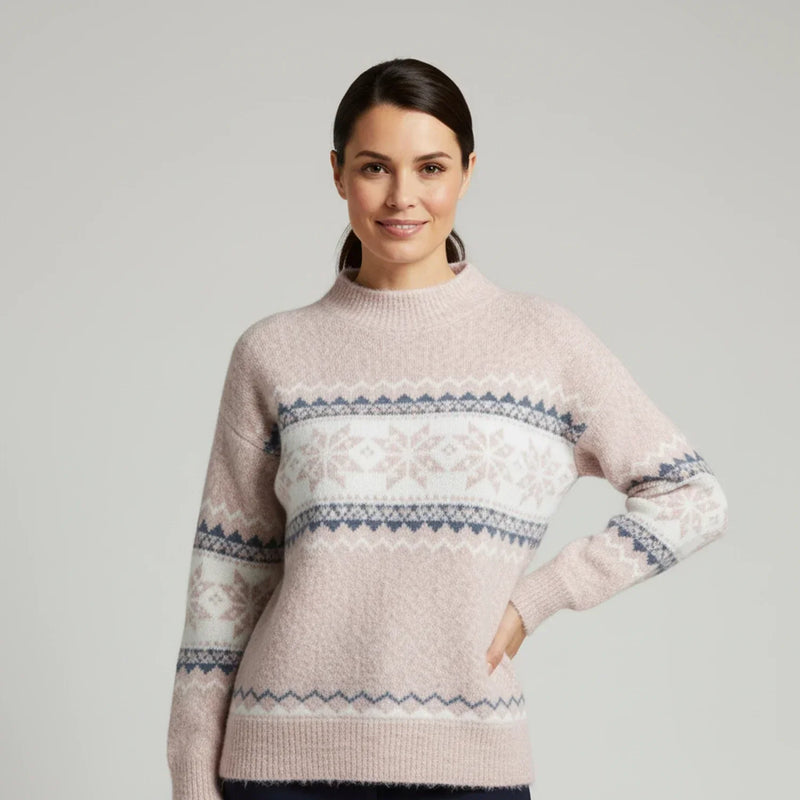 Women's Brushed Fair Isle Mock Neck Sweater with Relaxed Layering Fit