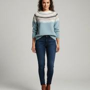 Women's Fine Knit Fair Isle Sweater, Crewneck Winter Pullover