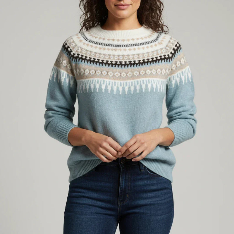 Women's Fine Knit Fair Isle Crewneck Sweater with Patterned Shoulder Yoke