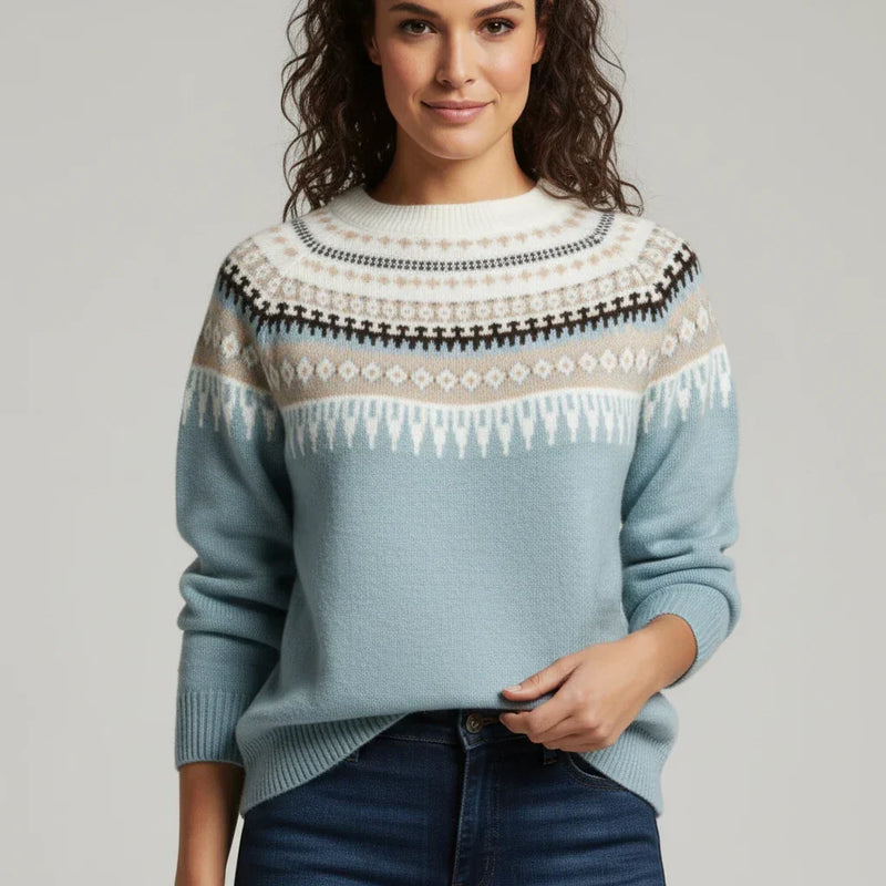 Women's Fine Knit Fair Isle Crewneck Sweater with Patterned Shoulder Yoke