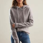 Women's Cable Knit Hooded Sweater, Relaxed Drawstring Winter Pullover