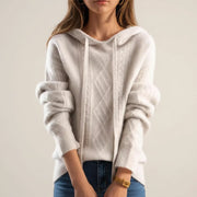 Women's Cable Knit Hooded Sweater, Relaxed Drawstring Winter Pullover