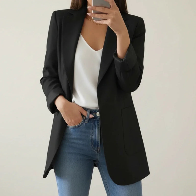 Women's Longline Blazer, Open Front Notch Lapel Office Jacket