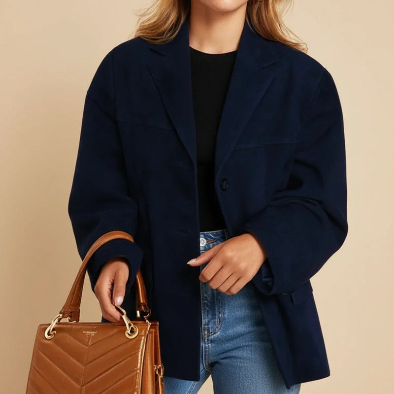 Women's Relaxed Faux Suede Blazer with Notch Lapels and Button Cuff Tabs