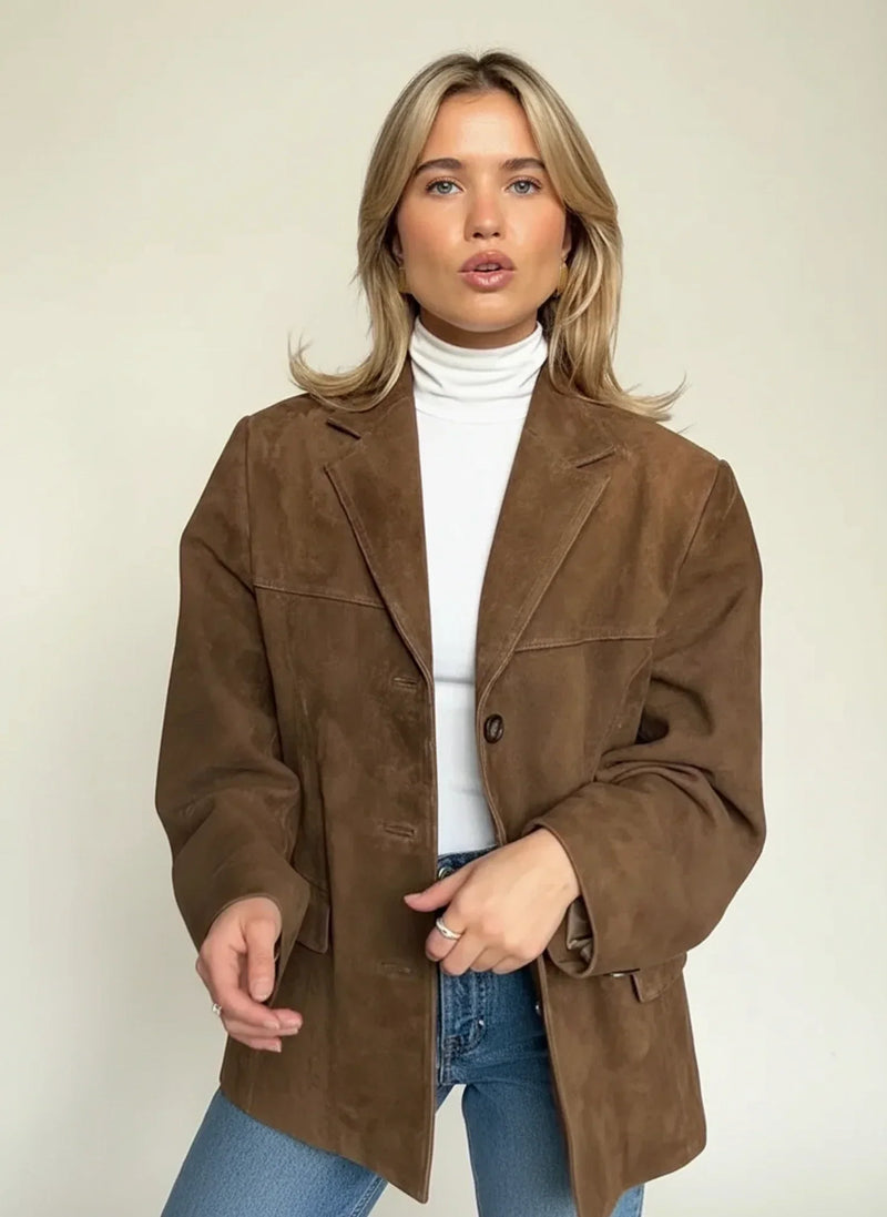 Women's Oversized Faux Suede Blazer with Notch Lapels and Three Buttons