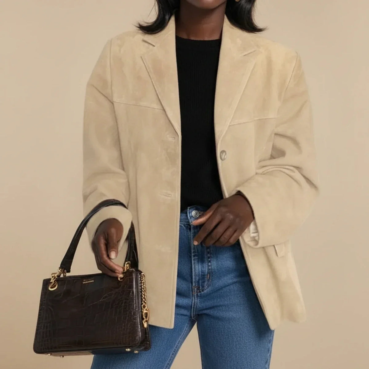 Women's Faux Suede Relaxed Blazer, Notch Lapel Button Front Jacket — view 1