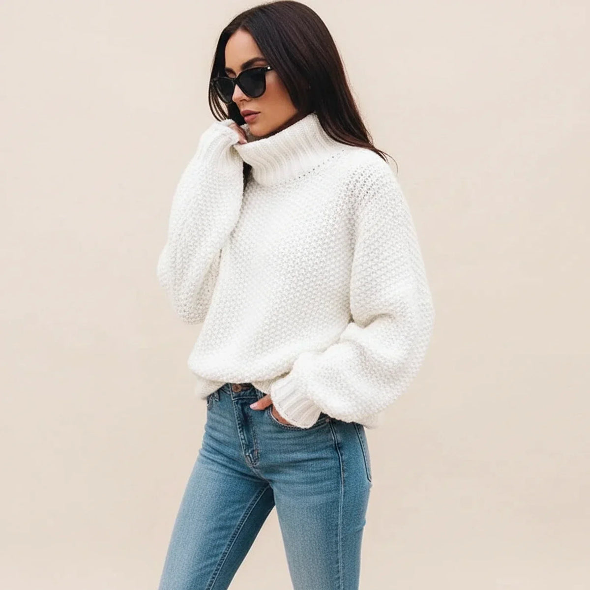 Women's Chunky Knit Turtleneck Sweater, Oversized Winter Pullover — view 1