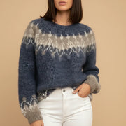 Women's Chunky Fair Isle Knit Sweater, Brushed Crewneck Winter Pullover