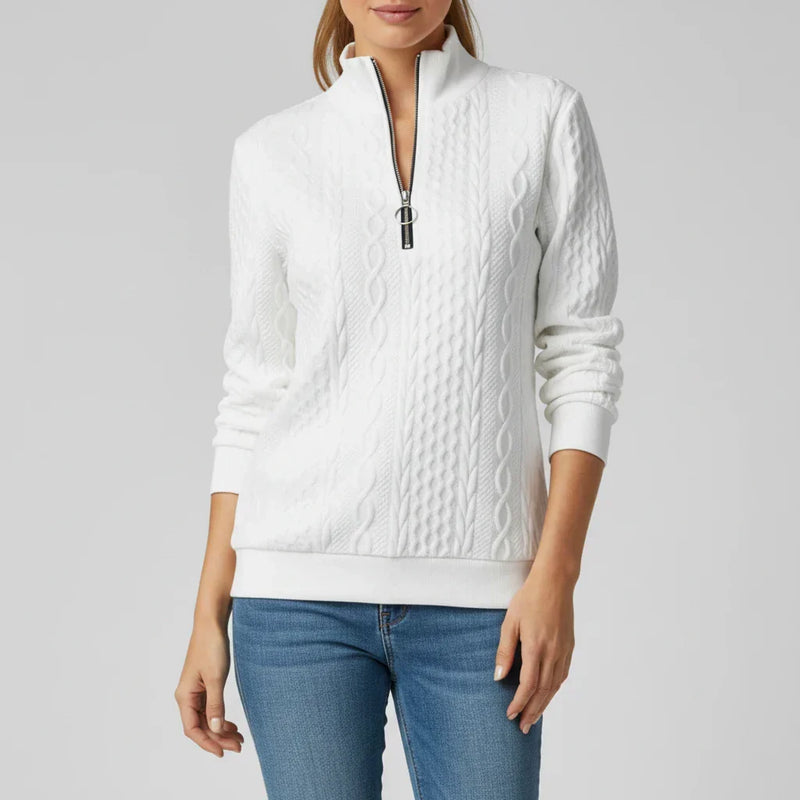Women's Fine Cable Knit Quarter Zip Sweater with Mock Neck and Ribbed Trim