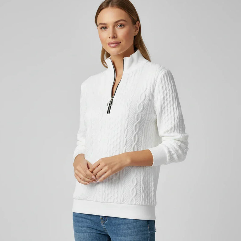 Women's Fine Cable Knit Quarter Zip Sweater with Mock Neck and Ribbed Trim